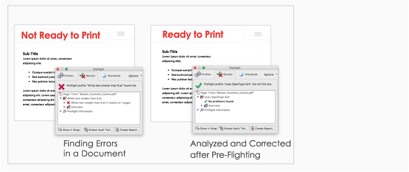 Example showing difference between two documents, one not ready to print, the other ready; analyzed and corrected after pre-flighting