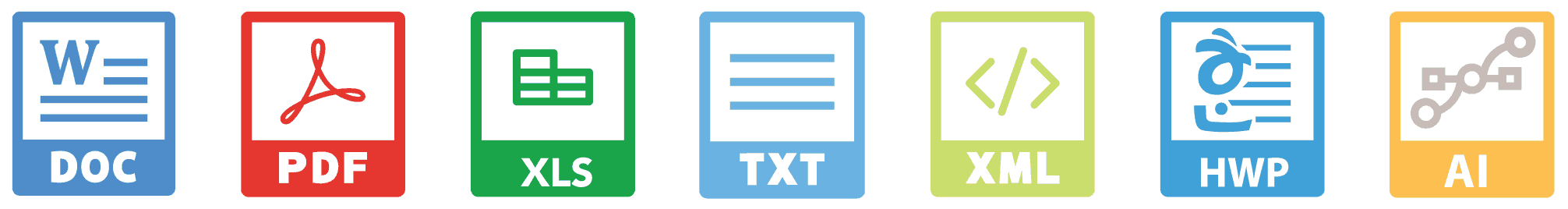 Icons of file times that are supported. Word Doc, PDF, Excel, Text, XML, HWP