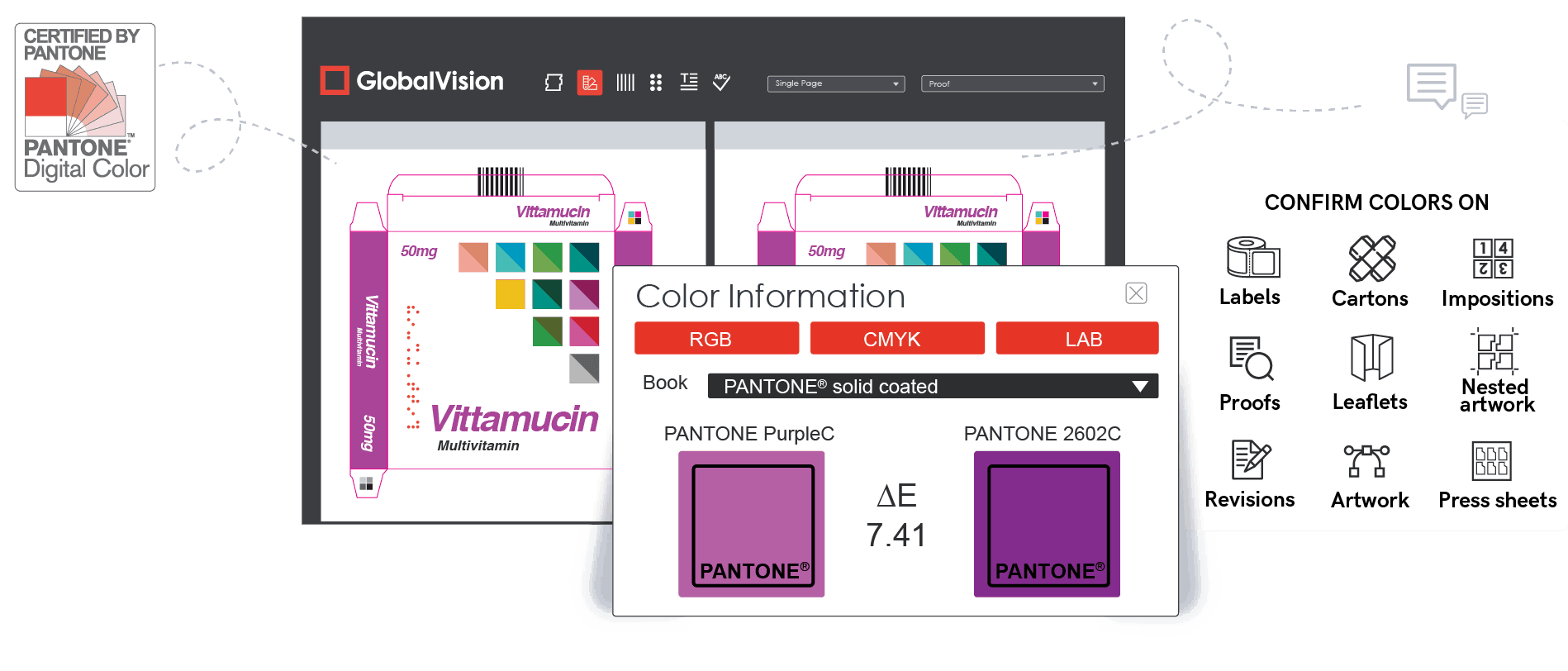 Color inspection interface showing detected difference between two shades of purple