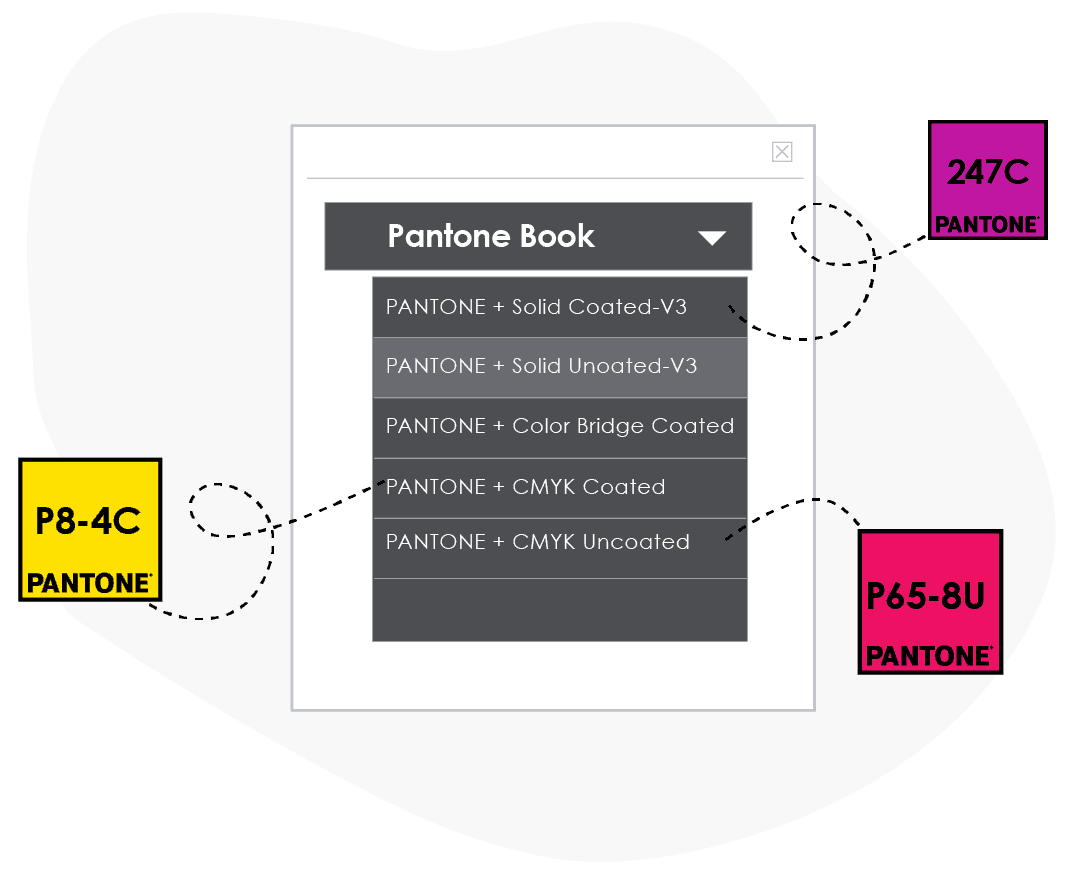 Pantone Book selector with 3 example colors surrounding the image