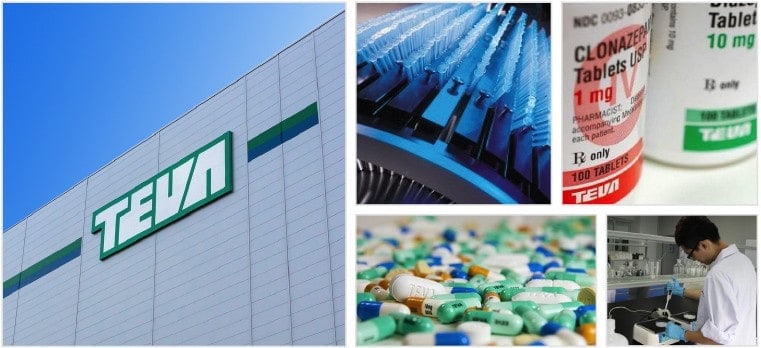 Collage of Teva Spain building, pills and pill packaging, and a lab worker