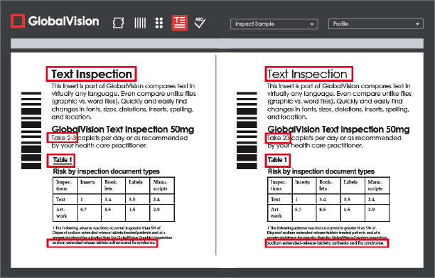 Sample text inspection highlights four text and copy differences between a master and sample file.