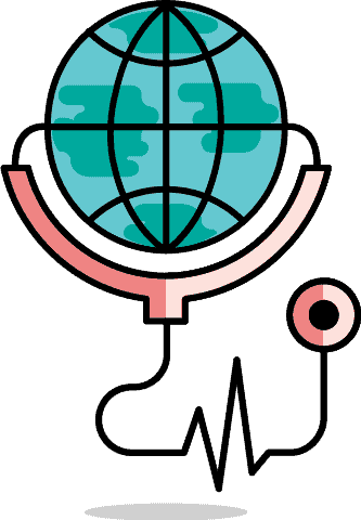 Health support icon: globe wearing a stethoscope 
