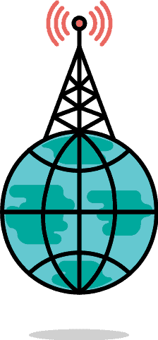 Technology support icon: globe with a transmitting radio tower 
